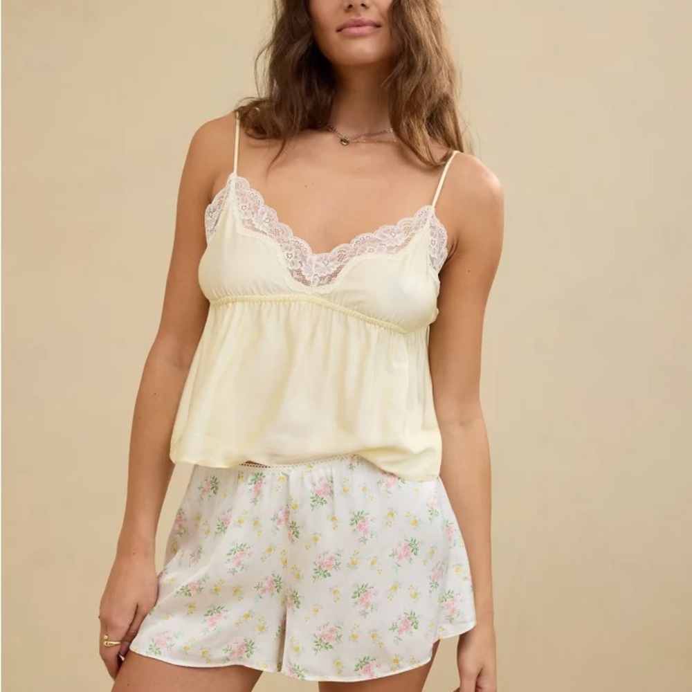 Aerie Cream Pajama Set with Lace Trim